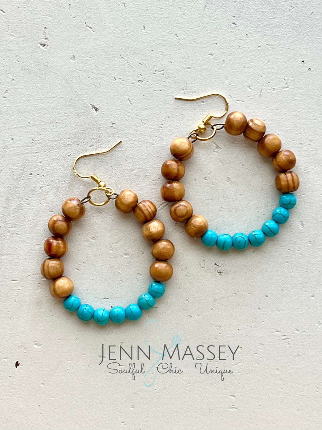 BB Wooden & Turquoise Beaded Hoops